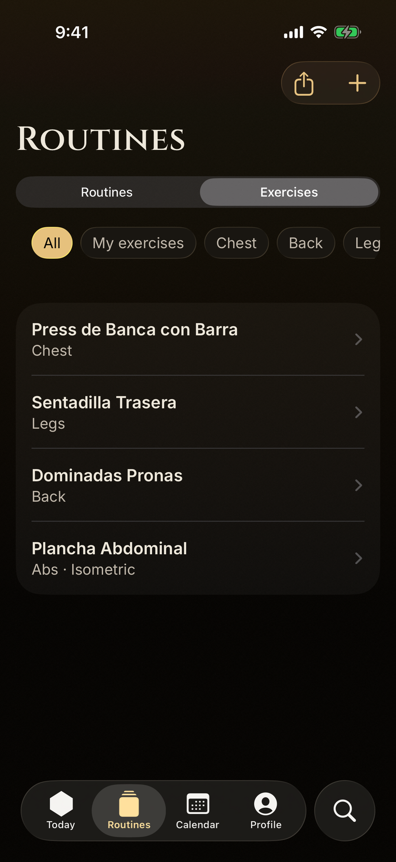 Exercise catalogue and library with muscle group filter.